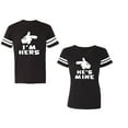 thumbnail image 1 of I'm Hers He's Mine Unisex Couple Matching Cotton Jersey style T-Shirt Contrasting stripes on sleeves (Men Black / Women Black) (Men L / Women S), 1 of 3