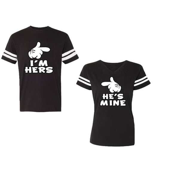 I'm Hers He's Mine Unisex Couple Matching Cotton Jersey style T-Shirt Contrasting stripes on sleeves (Men Black / Women Black) (Men XXL / Women S)