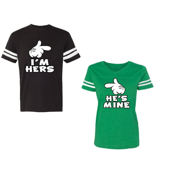 I'm Hers He's Mine Unisex Couple Matching Cotton Jersey style T-Shirt Contrasting stripes on sleeves (Men Black / Women Green) (Men M / Women XL)