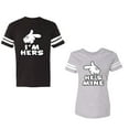 thumbnail image 1 of I'm Hers He's Mine Unisex Couple Matching Cotton Jersey style T-Shirt Contrasting stripes on sleeves (Men Black / Women Heather) (Men S / Women L), 1 of 3