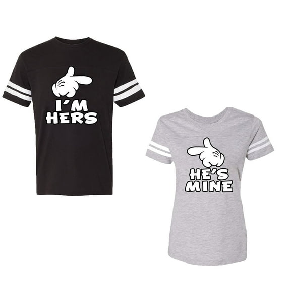 I'm Hers He's Mine Unisex Couple Matching Cotton Jersey style T-Shirt Contrasting stripes on sleeves (Men Black / Women Heather) (Men XL / Women XXL)