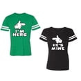 thumbnail image 1 of I'm Hers He's Mine Unisex Couple Matching Cotton Jersey style T-Shirt Contrasting stripes on sleeves (Men Green / Women Black) (Men M / Women XL), 1 of 3