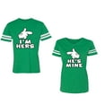 thumbnail image 1 of I'm Hers He's Mine Unisex Couple Matching Cotton Jersey style T-Shirt Contrasting stripes on sleeves (Men Green / Women Green) (Men XXXL / Women XXL), 1 of 3