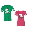 thumbnail image 1 of I'm Hers He's Mine Unisex Couple Matching Cotton Jersey style T-Shirt Contrasting stripes on sleeves (Men Green / Women Pink) (Men XXL / Women L), 1 of 3