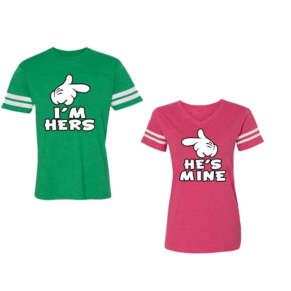 I'm Hers He's Mine Unisex Couple Matching Cotton Jersey style T-Shirt Contrasting stripes on sleeves (Men Green / Women Pink) (Men XXL / Women XL)