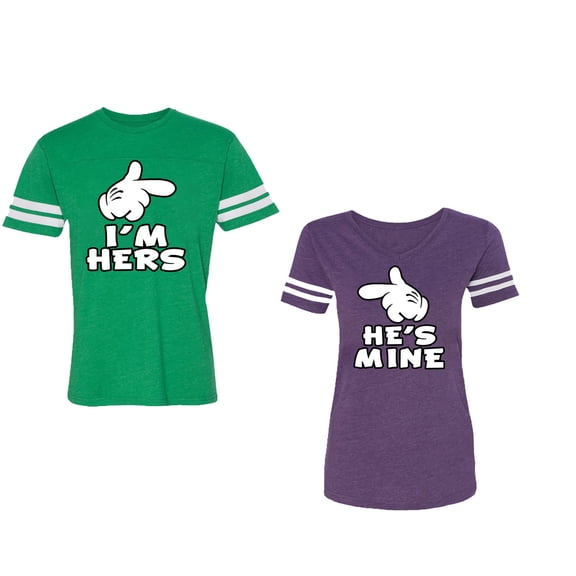 I'm Hers He's Mine Unisex Couple Matching Cotton Jersey style T-Shirt Contrasting stripes on sleeves (Men Green / Women Purple) (Men XL / Women S)