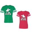thumbnail image 1 of I'm Hers He's Mine Unisex Couple Matching Cotton Jersey style T-Shirt Contrasting stripes on sleeves (Men Green / Women Red) (Men XXL / Women M), 1 of 3