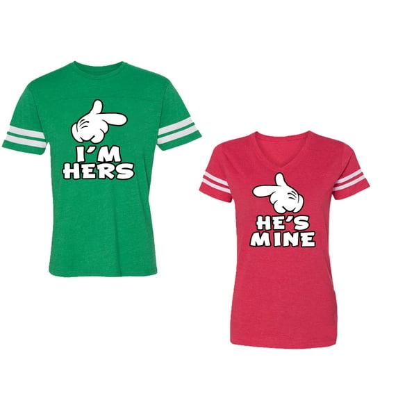 I'm Hers He's Mine Unisex Couple Matching Cotton Jersey style T-Shirt Contrasting stripes on sleeves (Men Green / Women Red) (Men XXL / Women S)
