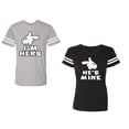 thumbnail image 1 of I'm Hers He's Mine Unisex Couple Matching Cotton Jersey style T-Shirt Contrasting stripes on sleeves (Men Heather / Women Black) (Men S / Women S), 1 of 3