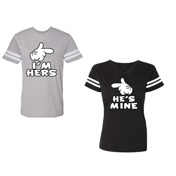 I'm Hers He's Mine Unisex Couple Matching Cotton Jersey style T-Shirt Contrasting stripes on sleeves (Men Heather / Women Black) (Men S / Women S)
