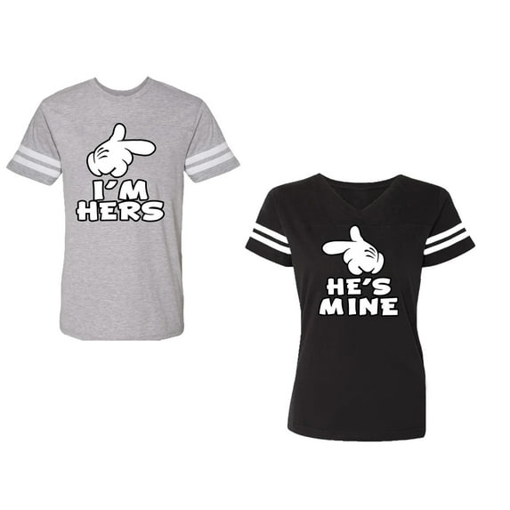 I'm Hers He's Mine Unisex Couple Matching Cotton Jersey style T-Shirt Contrasting stripes on sleeves (Men Heather / Women Black) (Men XL / Women L)