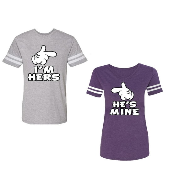 I'm Hers He's Mine Unisex Couple Matching Cotton Jersey style T-Shirt Contrasting stripes on sleeves (Men Heather / Women Purple) (Men S / Women M)