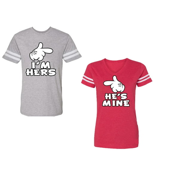 I'm Hers He's Mine Unisex Couple Matching Cotton Jersey style T-Shirt Contrasting stripes on sleeves (Men Heather / Women Red) (Men L / Women L)