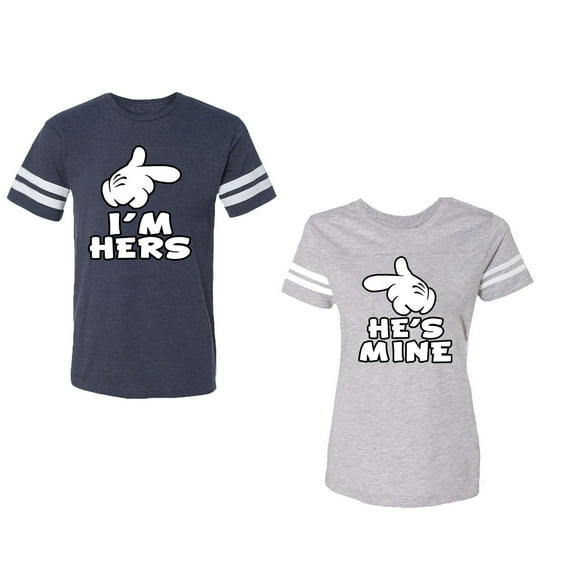 I'm Hers He's Mine Unisex Couple Matching Cotton Jersey style T-Shirt Contrasting stripes on sleeves (Men Navy / Women Heather) (Men XL / Women S)