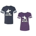 thumbnail image 1 of I'm Hers He's Mine Unisex Couple Matching Cotton Jersey style T-Shirt Contrasting stripes on sleeves (Men Navy / Women Purple) (Men XXL / Women S), 1 of 3
