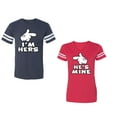 thumbnail image 1 of I'm Hers He's Mine Unisex Couple Matching Cotton Jersey style T-Shirt Contrasting stripes on sleeves (Men Navy / Women Red) (Men S / Women XL), 1 of 3