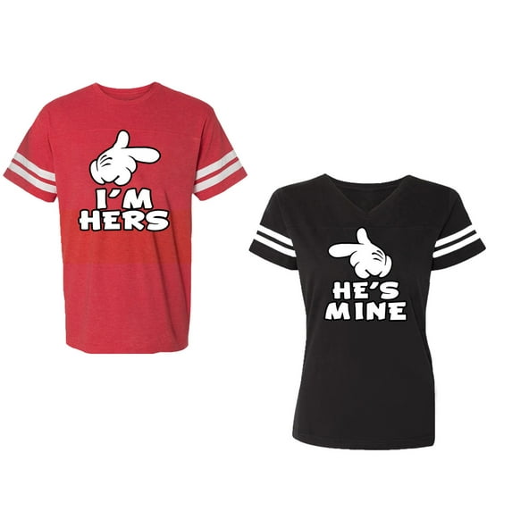 I'm Hers He's Mine Unisex Couple Matching Cotton Jersey style T-Shirt Contrasting stripes on sleeves (Men Red / Women Black) (Men XL / Women XL)