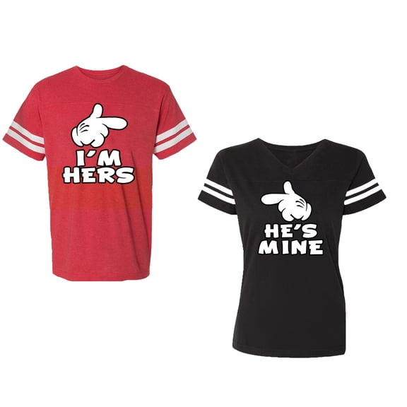 I'm Hers He's Mine Unisex Couple Matching Cotton Jersey style T-Shirt Contrasting stripes on sleeves (Men Red / Women Black) (Men XXL / Women L)