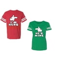 thumbnail image 1 of I'm Hers He's Mine Unisex Couple Matching Cotton Jersey style T-Shirt Contrasting stripes on sleeves (Men Red / Women Green) (Men XL / Women M), 1 of 3