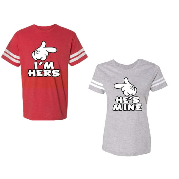 I'm Hers He's Mine Unisex Couple Matching Cotton Jersey style T-Shirt Contrasting stripes on sleeves (Men Red / Women Heather) (Men XL / Women S)
