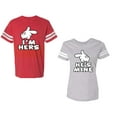 thumbnail image 1 of I'm Hers He's Mine Unisex Couple Matching Cotton Jersey style T-Shirt Contrasting stripes on sleeves (Men Red / Women Heather) (Men XL / Women XL), 1 of 3