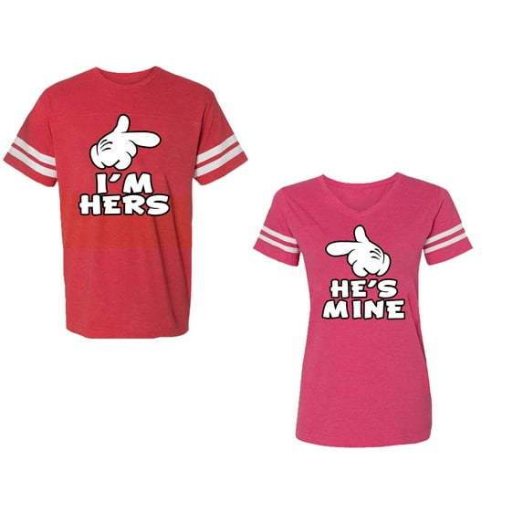 I'm Hers He's Mine Unisex Couple Matching Cotton Jersey style T-Shirt Contrasting stripes on sleeves (Men Red / Women Pink) (Men XXXL / Women XXL)
