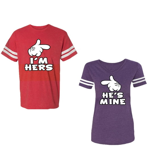 I'm Hers He's Mine Unisex Couple Matching Cotton Jersey style T-Shirt Contrasting stripes on sleeves (Men Red / Women Purple) (Men L / Women M)