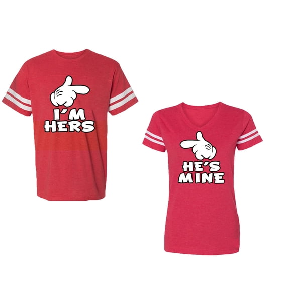 I'm Hers He's Mine Unisex Couple Matching Cotton Jersey style T-Shirt Contrasting stripes on sleeves (Men Red / Women Red) (Men XXL / Women XXL)