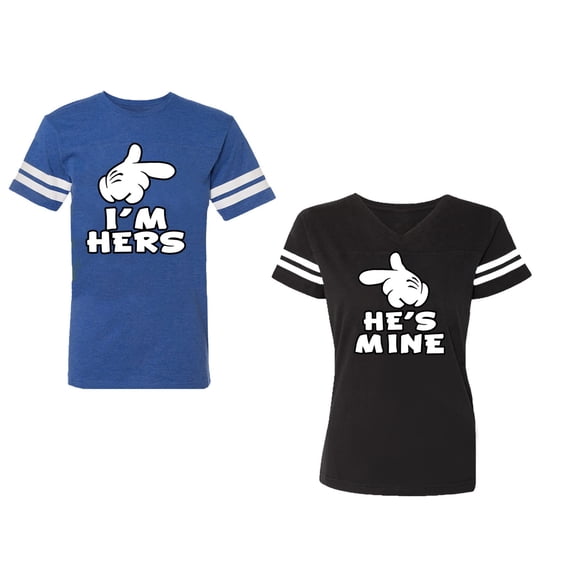 I'm Hers He's Mine Unisex Couple Matching Cotton Jersey style T-Shirt Contrasting stripes on sleeves (Men Royal / Women Black) (Men L / Women L)