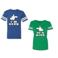 thumbnail image 1 of I'm Hers He's Mine Unisex Couple Matching Cotton Jersey style T-Shirt Contrasting stripes on sleeves (Men Royal / Women Green) (Men XL / Women XXL), 1 of 3