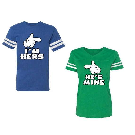 I'm Hers He's Mine Unisex Couple Matching Cotton Jersey style T-Shirt Contrasting stripes on sleeves (Men Royal / Women Green) (Men XXL / Women XL)