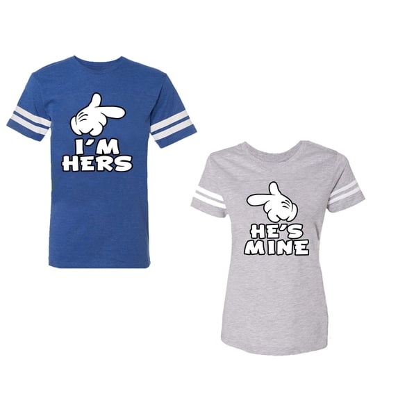 I'm Hers He's Mine Unisex Couple Matching Cotton Jersey style T-Shirt Contrasting stripes on sleeves (Men Royal / Women Heather) (Men L / Women L)