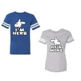 thumbnail image 1 of I'm Hers He's Mine Unisex Couple Matching Cotton Jersey style T-Shirt Contrasting stripes on sleeves (Men Royal / Women Heather) (Men L / Women S), 1 of 3