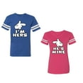 thumbnail image 1 of I'm Hers He's Mine Unisex Couple Matching Cotton Jersey style T-Shirt Contrasting stripes on sleeves (Men Royal / Women Pink) (Men S / Women M), 1 of 3