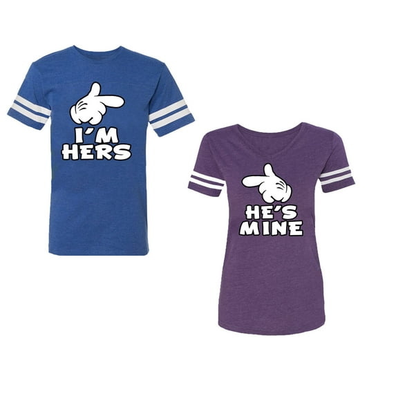 I'm Hers He's Mine Unisex Couple Matching Cotton Jersey style T-Shirt Contrasting stripes on sleeves (Men Royal / Women Purple) (Men S / Women M)