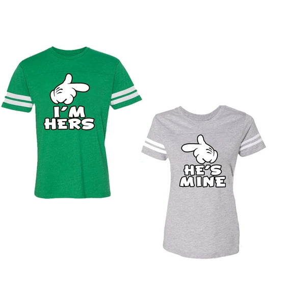 I'm Hers He's Mine Unisex Couple Matching Cotton Jersey style T-Shirt Contrasting stripes on sleeves (Men Green / Women Heather) (Men XXL / Women XXL)