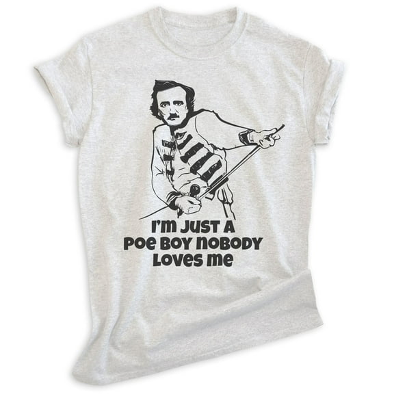 I'm Just A Poe Boy Edgar Allan Poe T-shirt, Unisex Women's Men's Shirt, Freddie Parody Rock N Roll, Heather Ash, Large