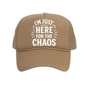 Im Just Here for the Chaos Trucker Hat   Funny Snapback Cap For Men Women, Beige