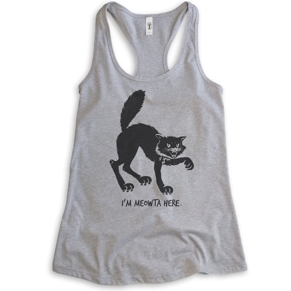 I'm Meowta Here Cat Tank Top, Ladies Racerback Tank Top, Halloween Tank, Black Cat Tank, Cat Tank, Heather Gray, Large