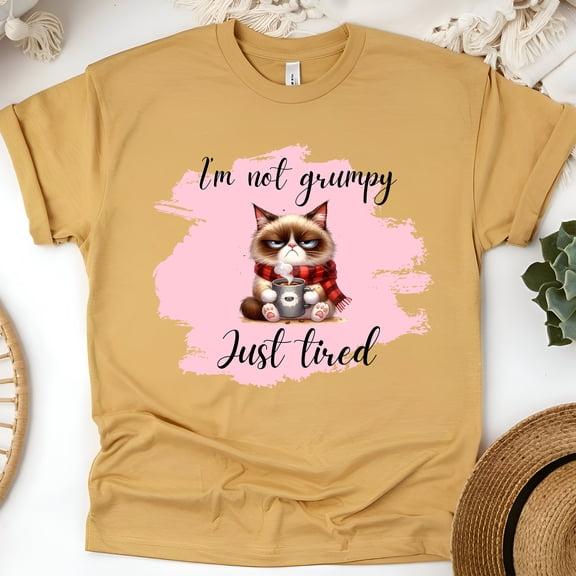 I’m Not Grumpy Just Tired Cat Graphic T-Shirt for Adults, Gold, Size M