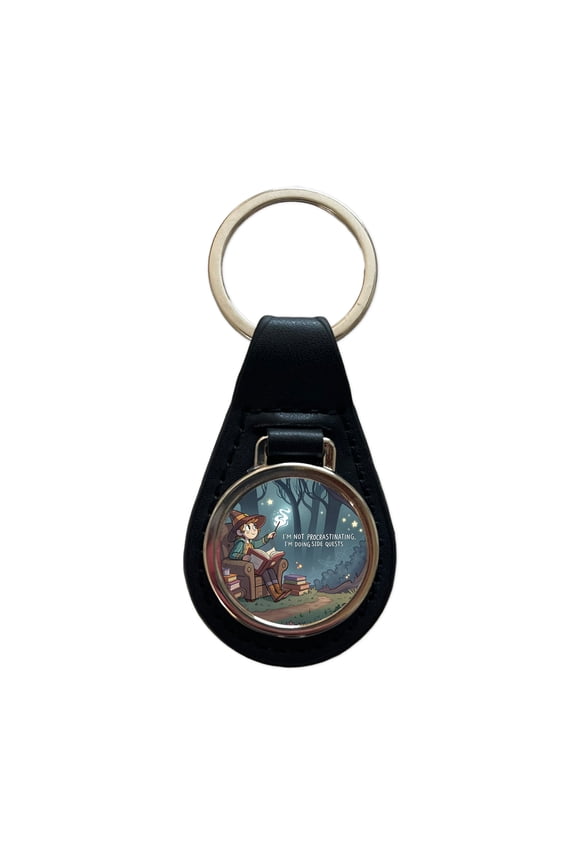I'm Not Procrastinating Doing Side Quests Funny Witch Metal Black Leather Keychain