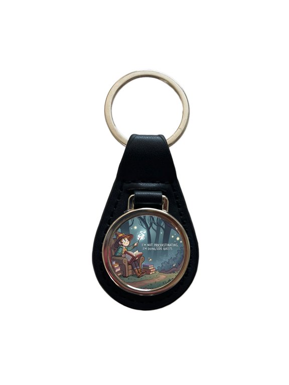 I'm Not Procrastinating Doing Side Quests Funny Witch Metal Black Leather Keychain
