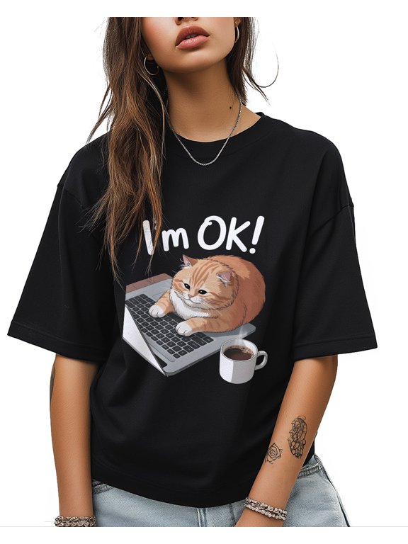 I'm OK! T Shirts for Women Short Sleeve Cotton Crewneck T-Shirt Lazy Orange Cat and Notebook Tee Tops Casual Basic T-Shirts, XS-5XL Black XS