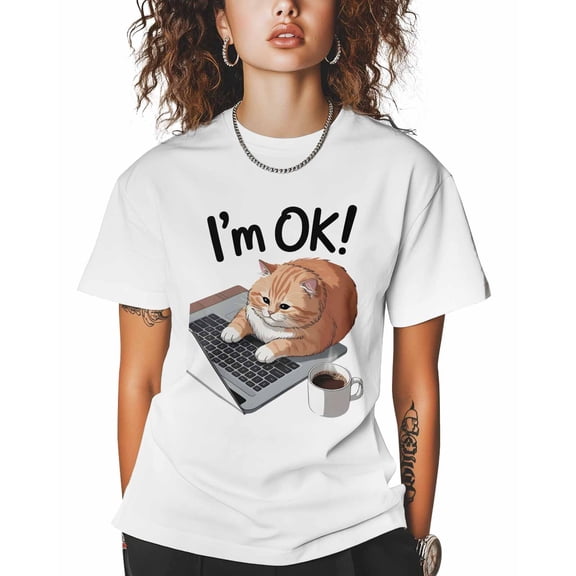 I'm OK! T Shirts for Women Short Sleeve Cotton Crewneck T-Shirt Lazy Orange Cat and Notebook Tee Tops Casual Basic T-Shirts, XS-5XL White XS
