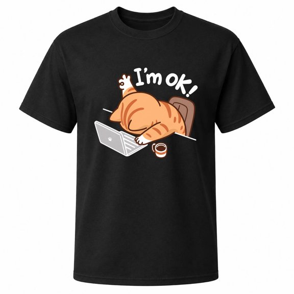 I'm OK Tired Cat Laptop Graphic T-Shirt, Unisex Classic Fit, Cotton-Rich 180 GSM, Work-From-Home Design