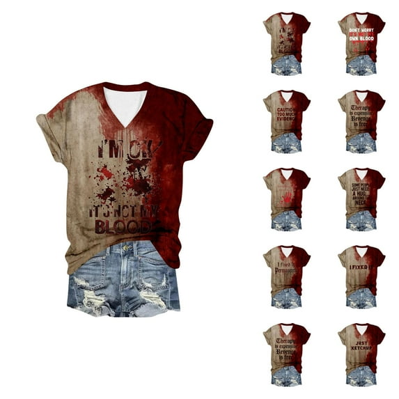 I'm Ok It's Not My Halloween Tshirts Women 2025 Short Sleeve V Neck Funny Halloween Shirts for Women