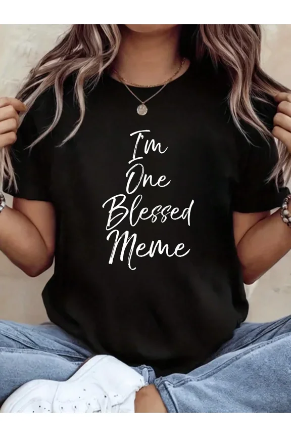 I'm One Blessed Meme Women's Graphic T-Shirt - Funny Grandmother Gift Tee - Casual Short Sleeve Cotton Top - Retro Script Design