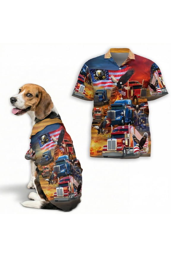 I’m A Patriotic Truck Driver Hawaiian Shirt, American Flag Eagle Semi Truck Print Button Down Shirt for Men Women or Dogs, Unisex Short Sleeve Retro Aloha Beach Shirt