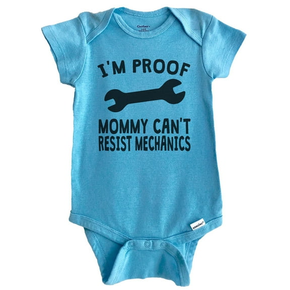 I'm Proof Mommy Can't Resist Mechanics Baby Bodysuit - Funny Baby Bodysuit (Blue), 0-3 Months