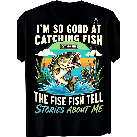 I'm So Good At Catching Fish The Fish Tell Stories About Me Retro Rainbow Bass Fishing Rod Reel Cattail Graphic Men T-Shirt